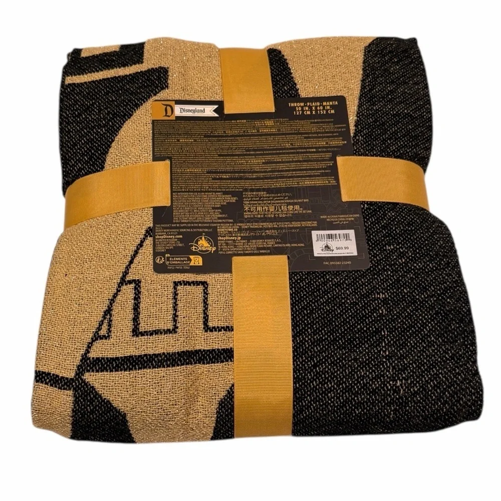 Disney Parks Disneyland Castle Plaid Throw Blanket Black Gold 50x60